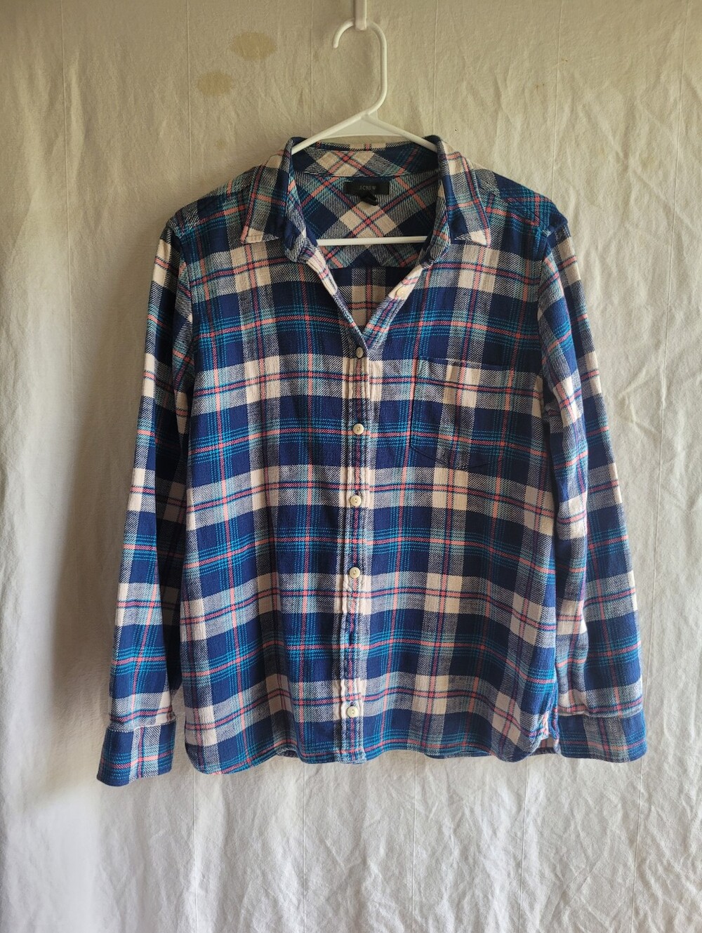 J CREW Flannel Shirt Womens Size 12 Blue Pink Plaid Button Up Boyfriend Cotton